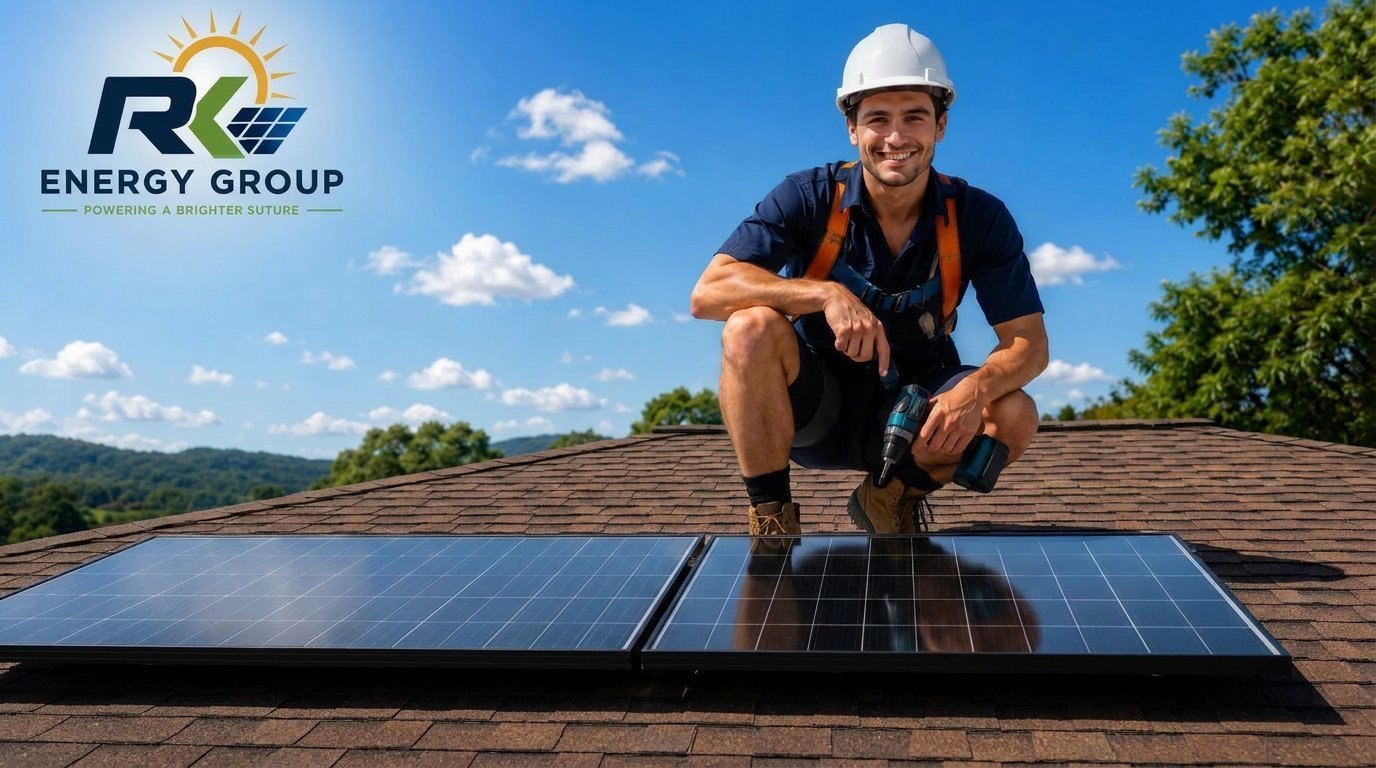R&K Energy Group solar installer mounting solar panels on a shingle roof — Powering a Brighter Future.
